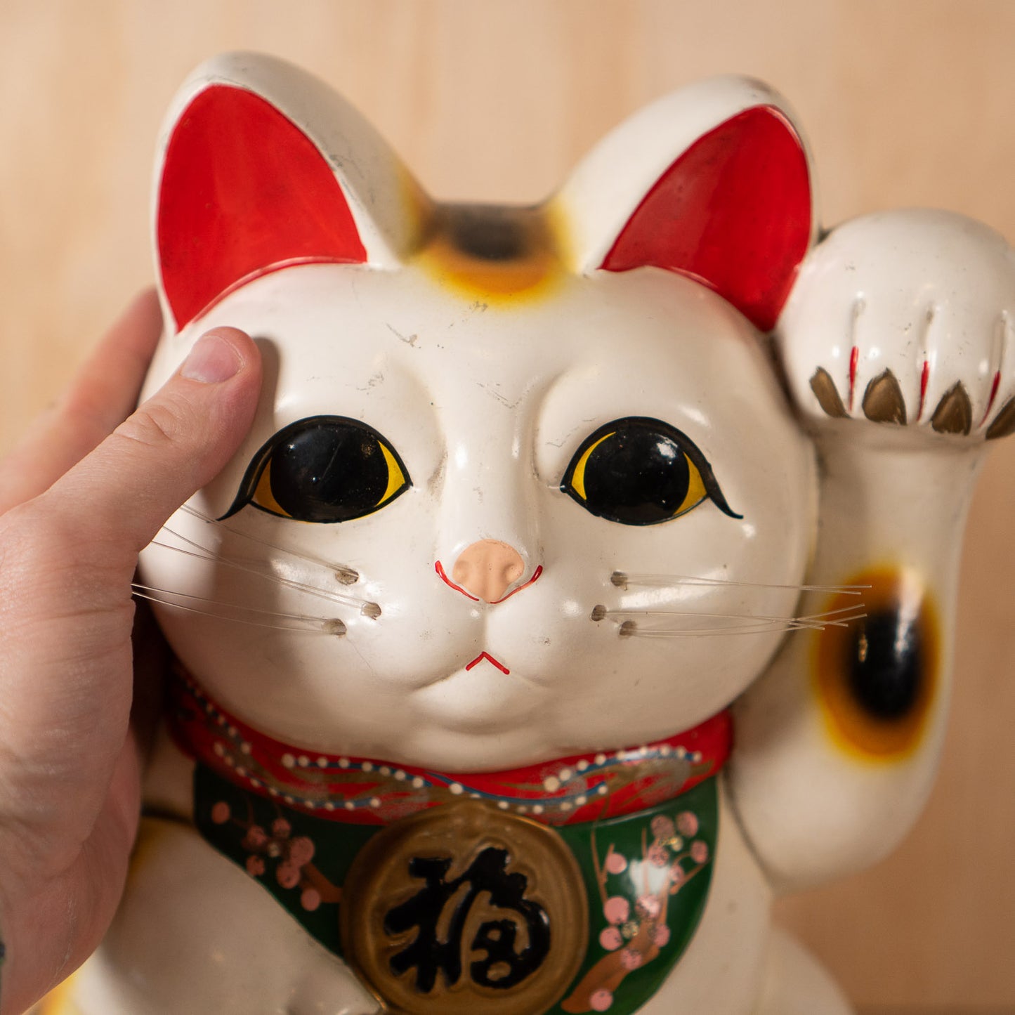 Vintage Japanese Large White Maneki Neko Lucky Cat