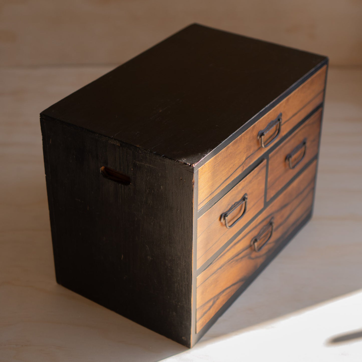 Antique Japanese Persimmon Wood Hari-Bako Sewing Box