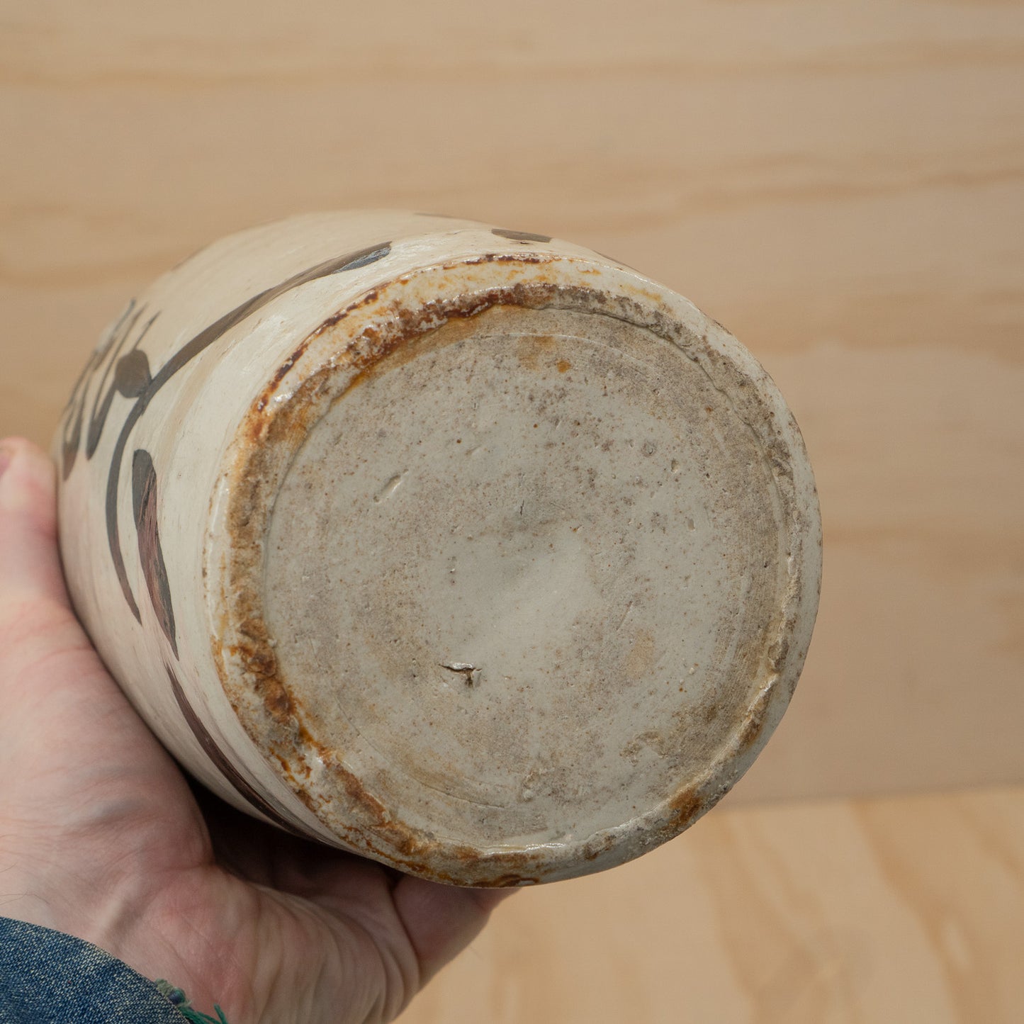 Antique Japanese stoneware sake bottle - cream with black Kanji