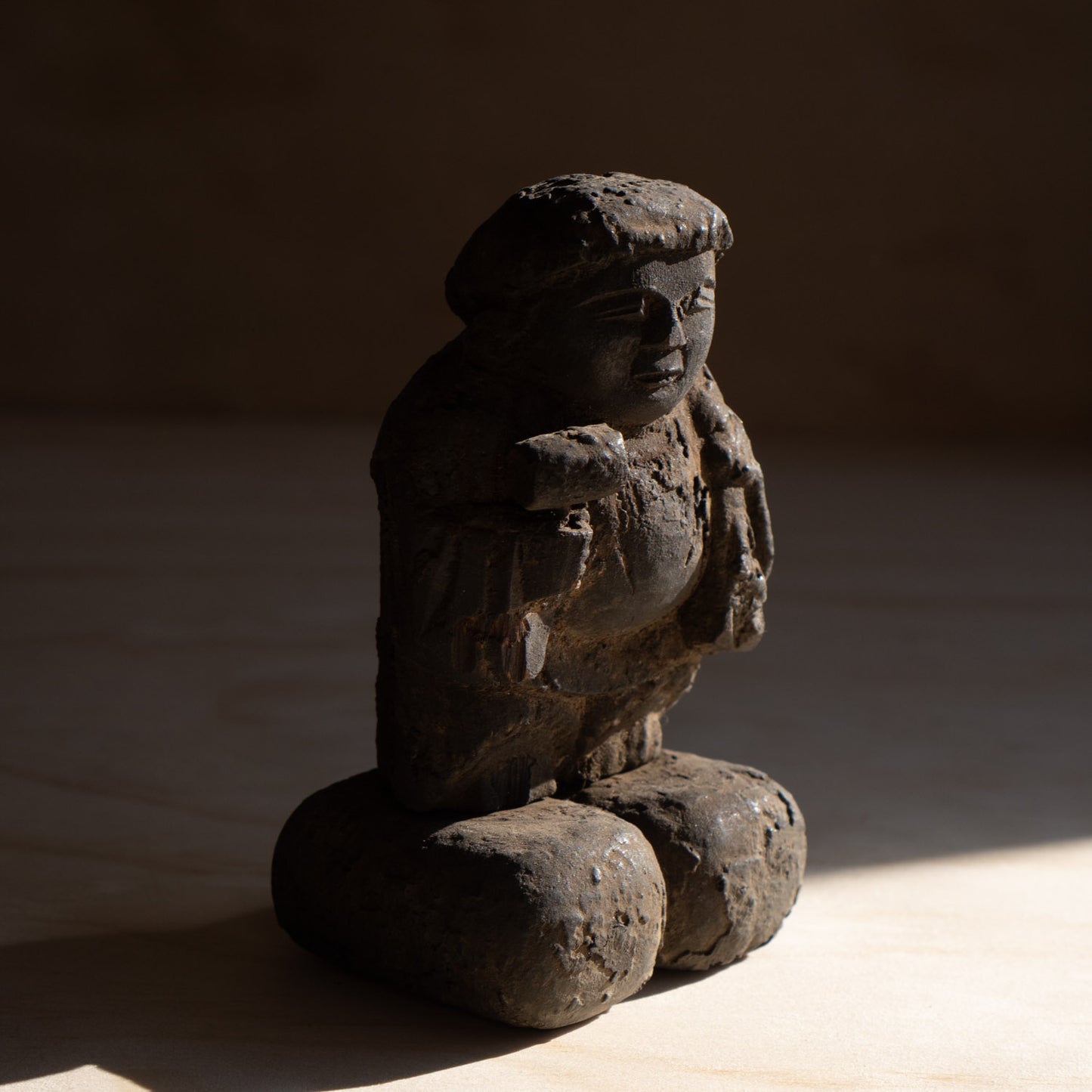 Antique Japanese small Ash covered Daikoku Wooden Carving