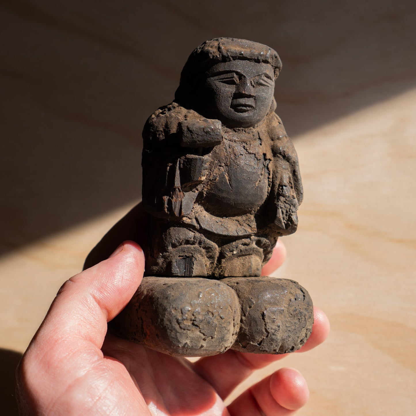 Antique Japanese small Ash covered Daikoku Wooden Carving