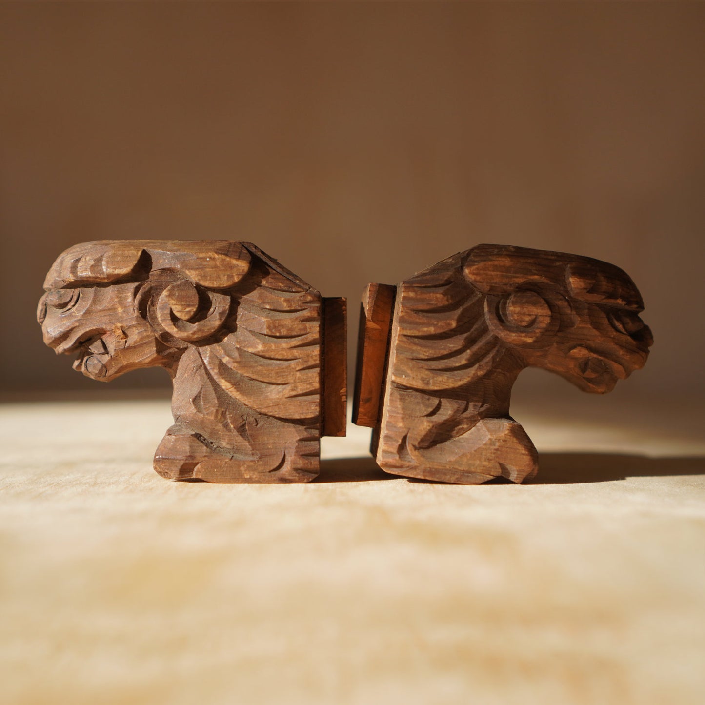 Antique Pair of Small Japanese Carved Temple Lions