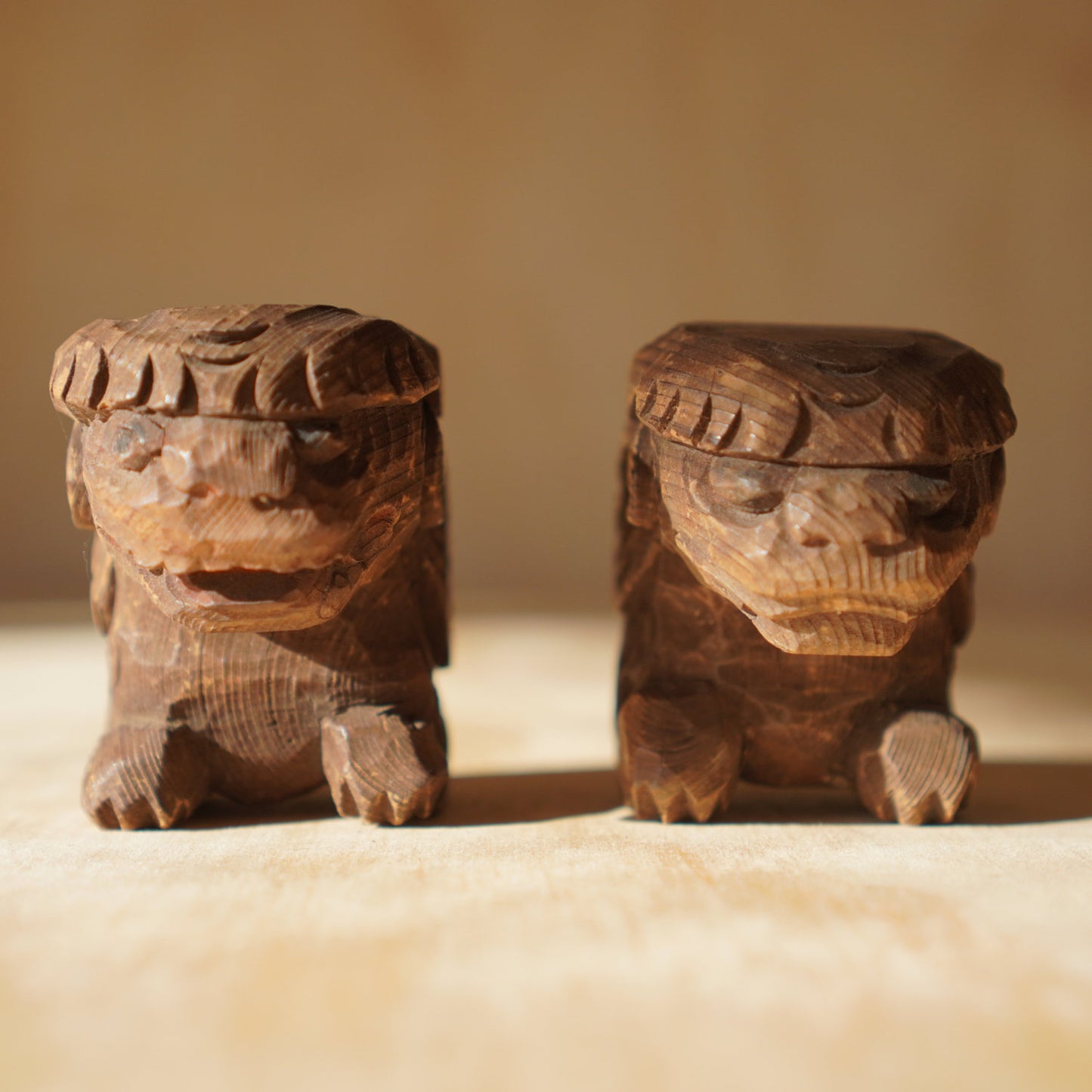 Antique Pair of Small Japanese Carved Temple Lions