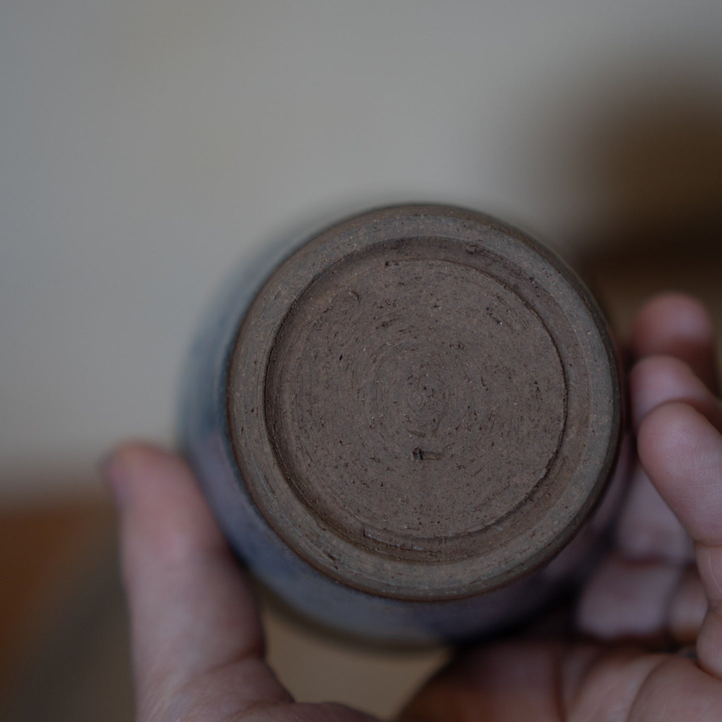 Vintage Japanese ceramic tea cup - blue grey with dark rim