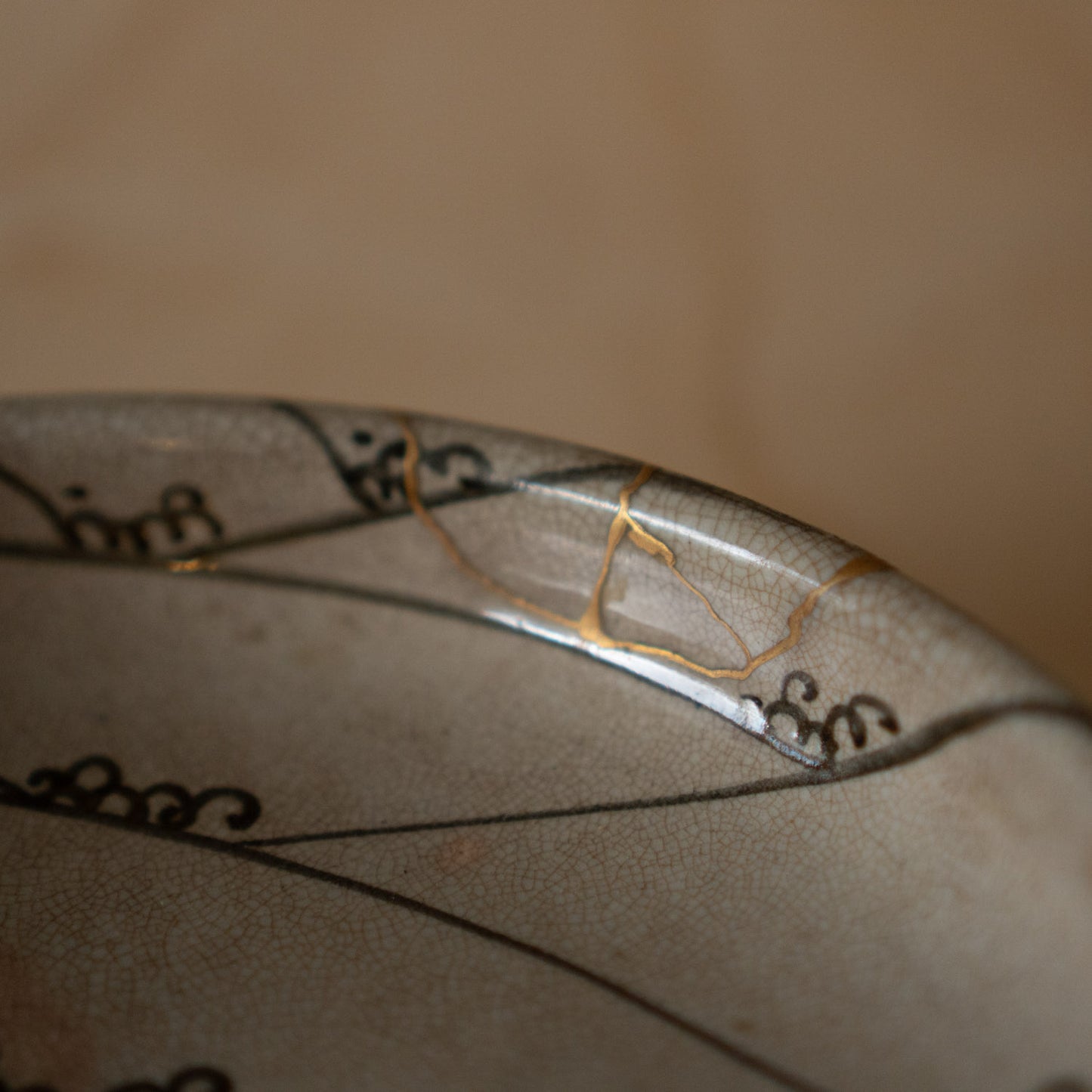 Vintage Japanese Karatsu ceramic serving platter with kintsugi gold repair
