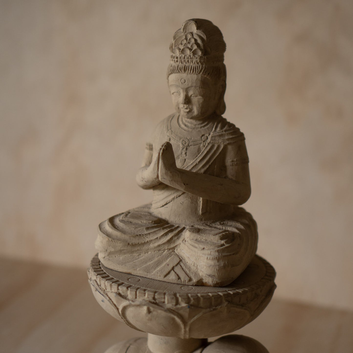 Antique Japanese Wood carving of Seated praying Kannon
