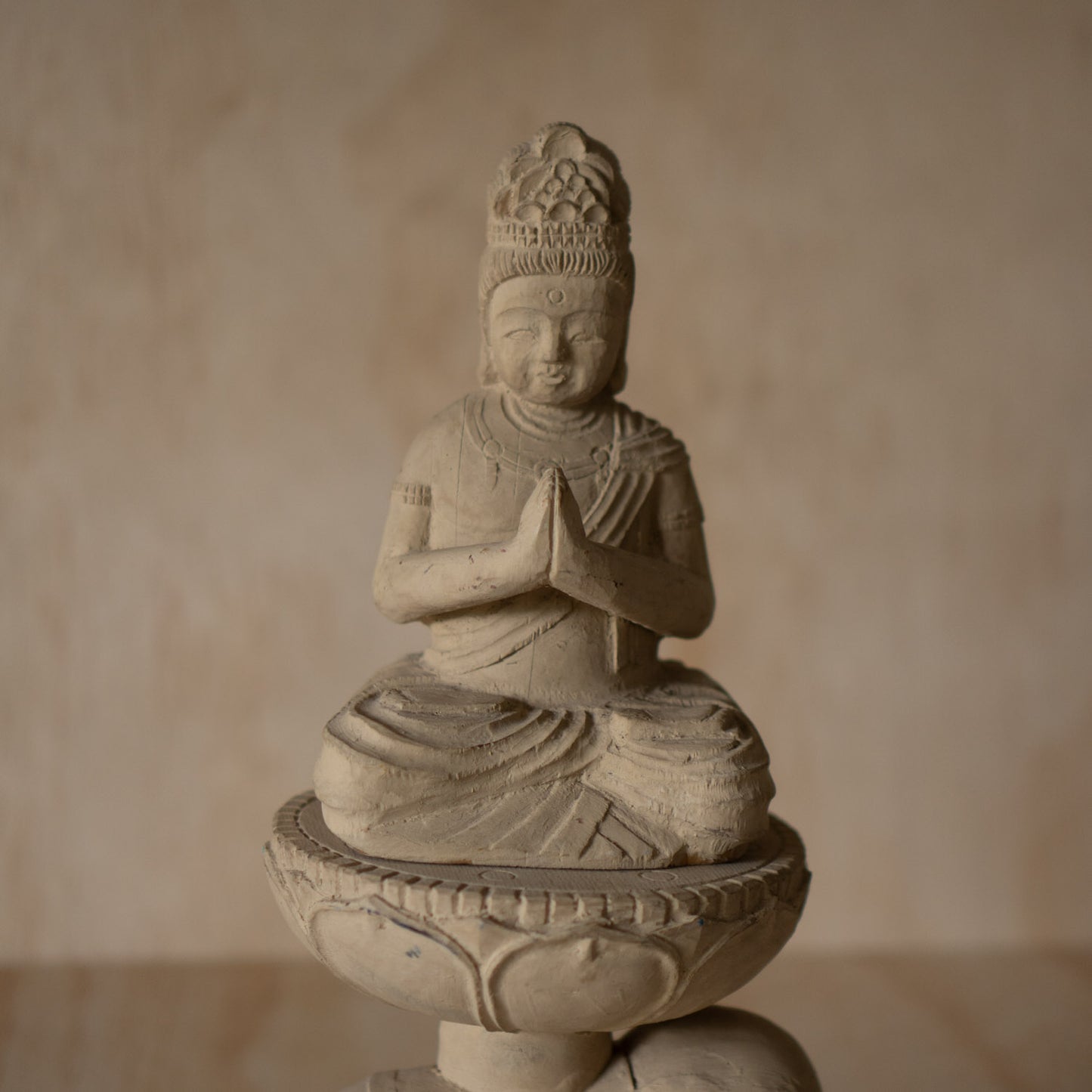 Antique Japanese Wood carving of Seated praying Kannon