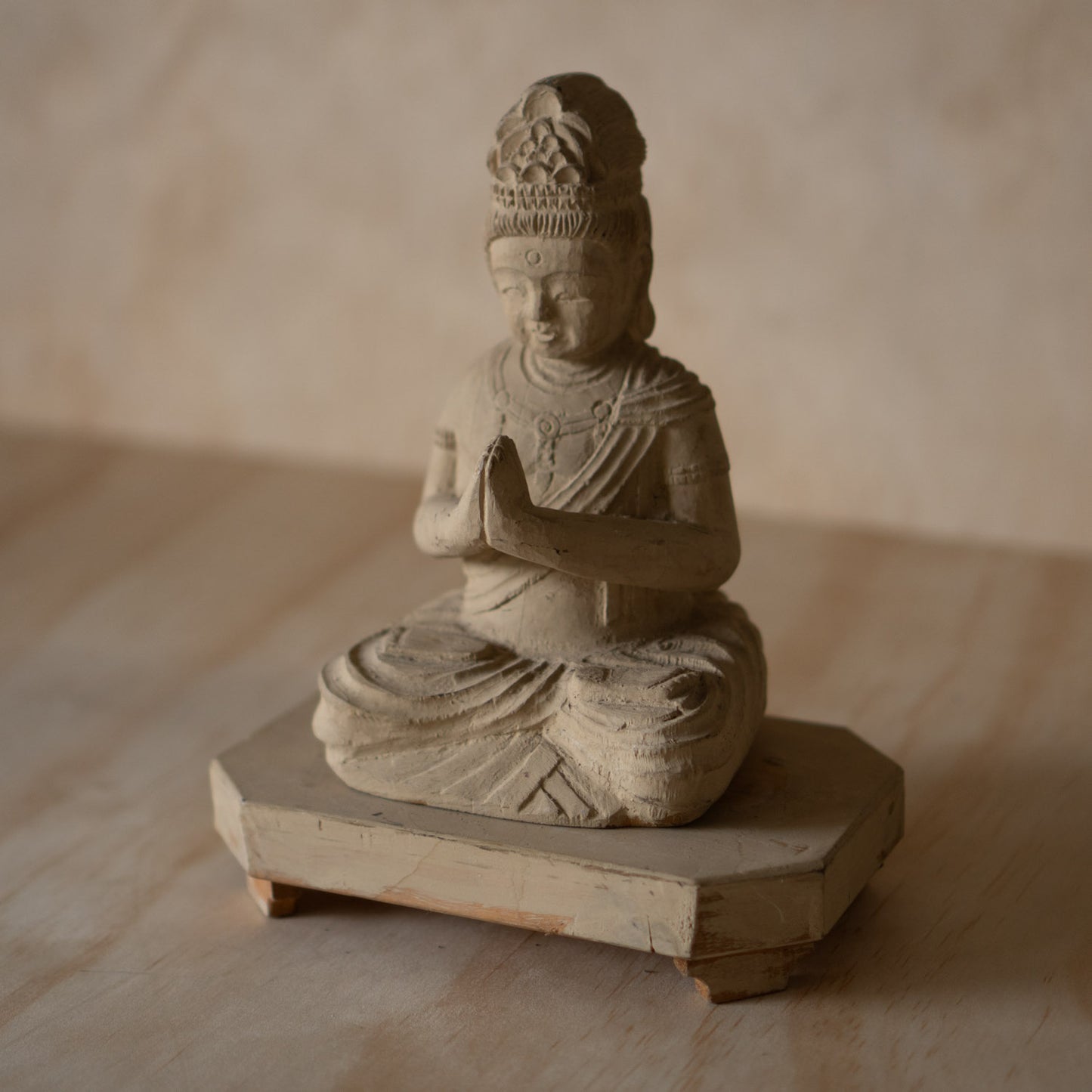 Antique Japanese Wood carving of Seated praying Kannon