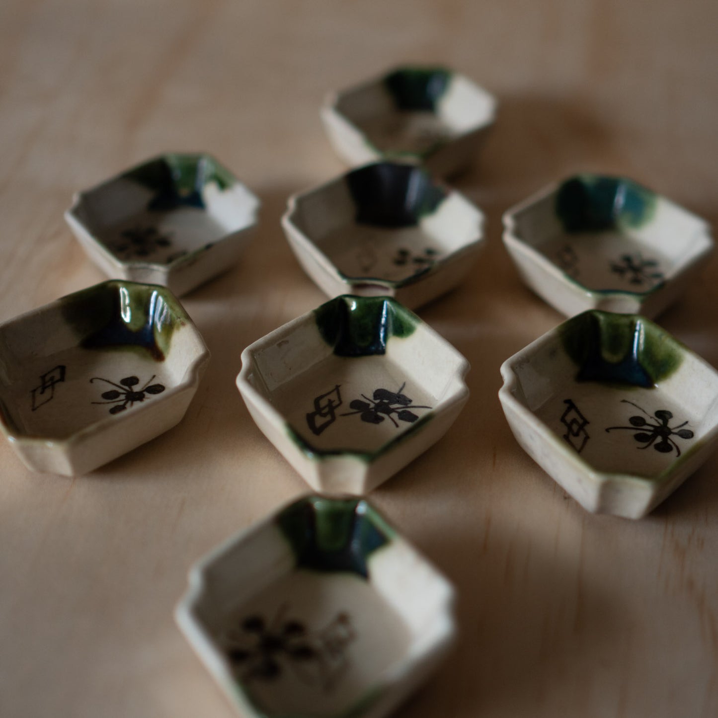 Vintage set of Japanese Ceramic Oribe Dipping Sauce dishes x8