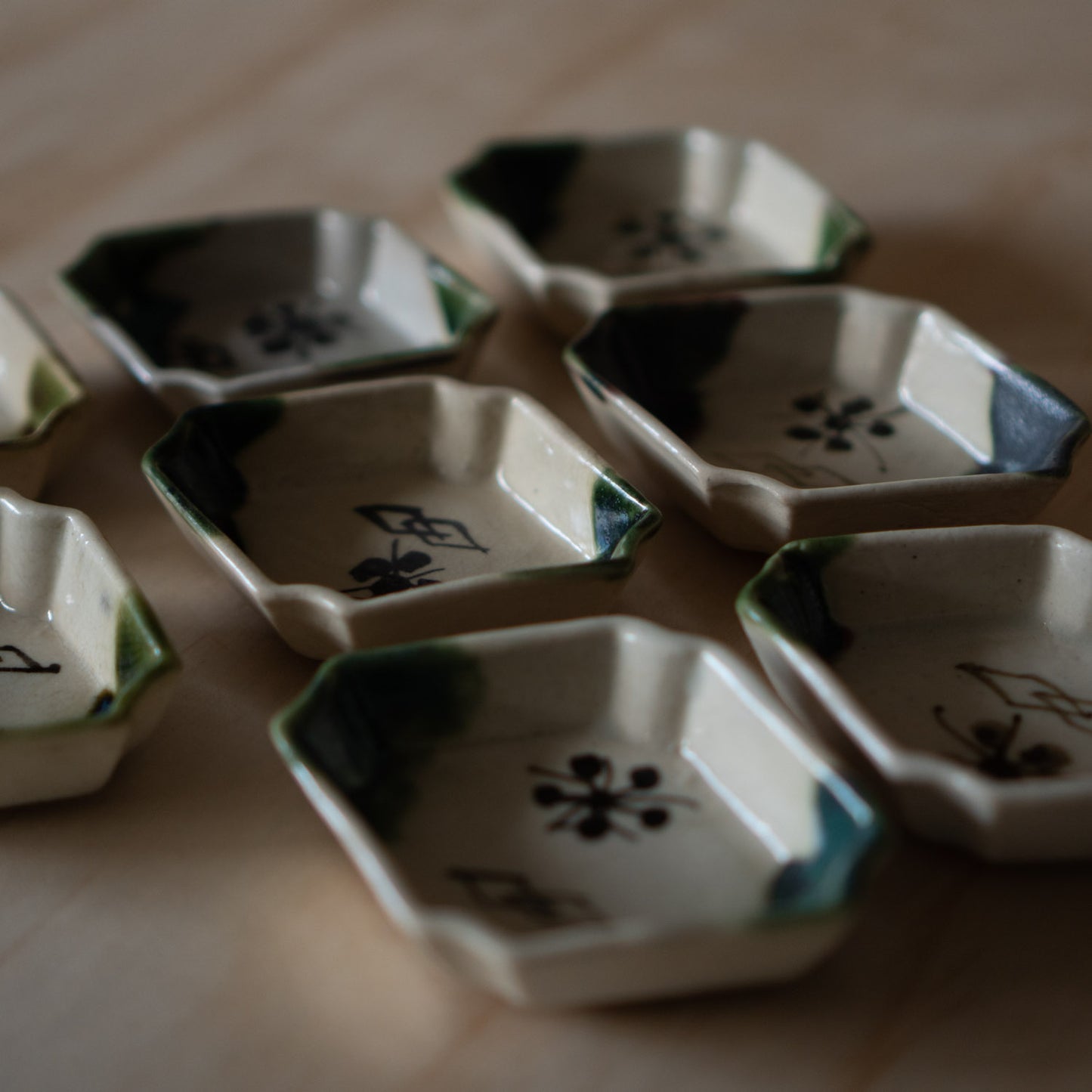 Vintage set of Japanese Ceramic Oribe Dipping Sauce dishes x8