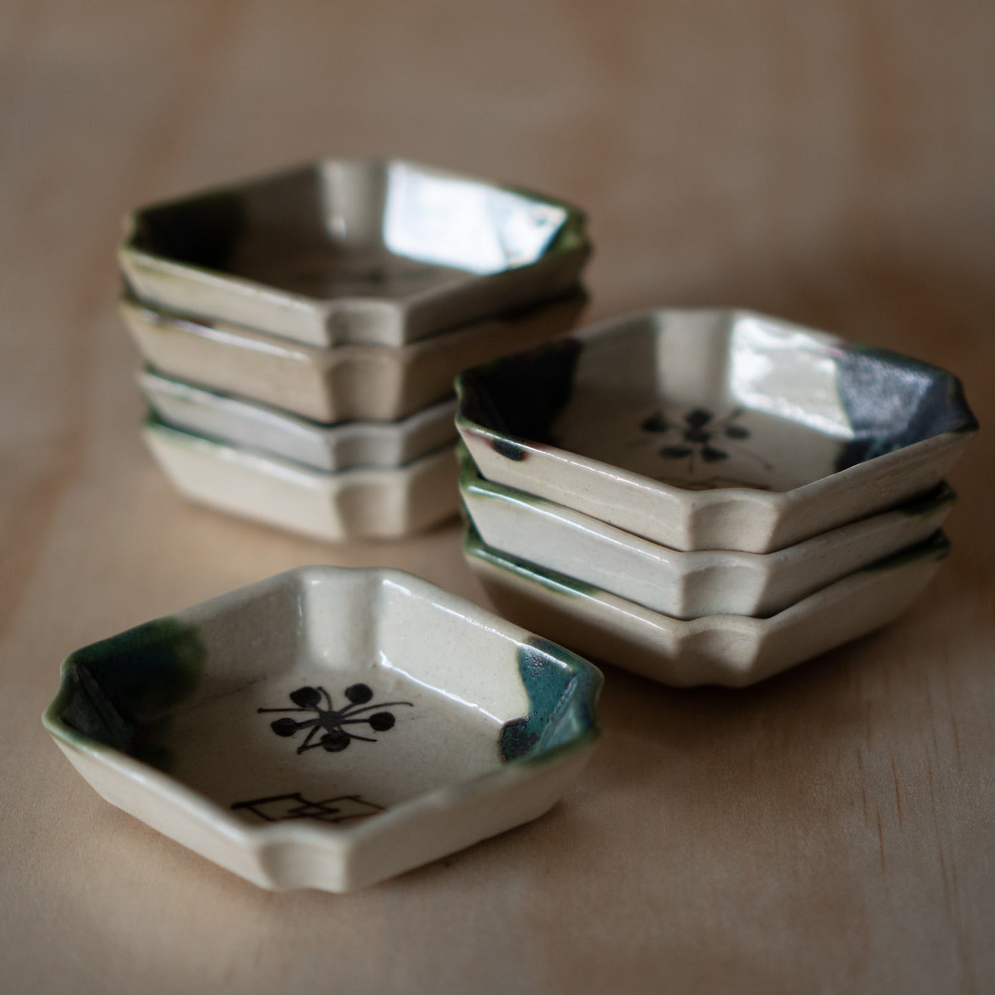 Vintage set of Japanese Ceramic Oribe Dipping Sauce dishes x8