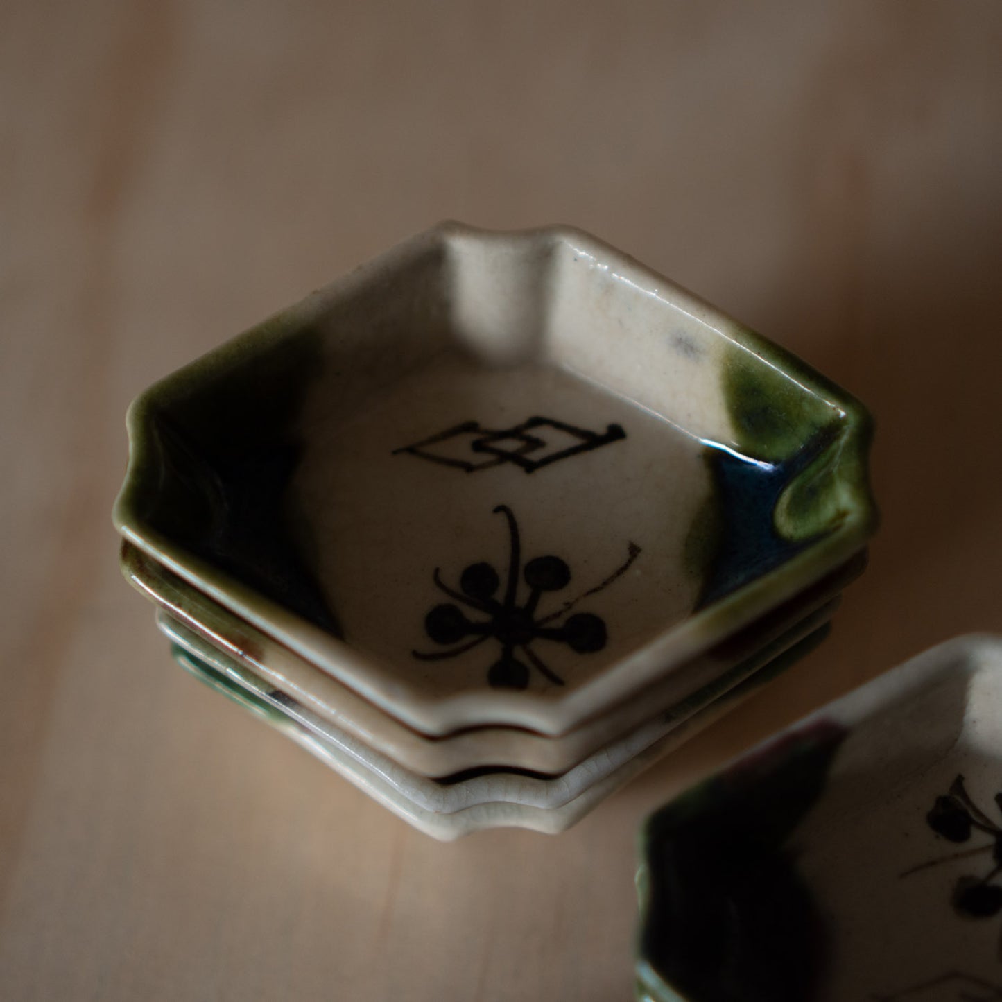 Vintage set of Japanese Ceramic Oribe Dipping Sauce dishes x8