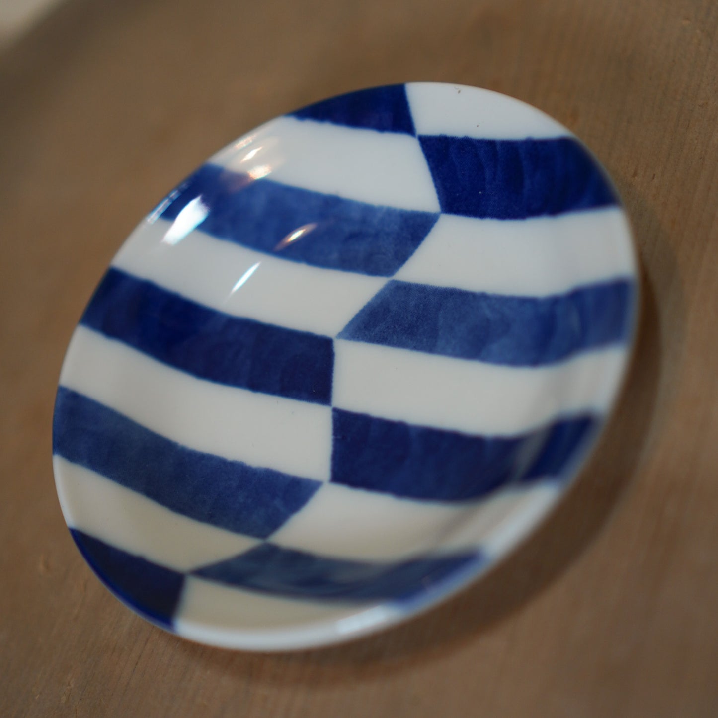Vintage Japanese ceramic soy sauce dish - blue and white check