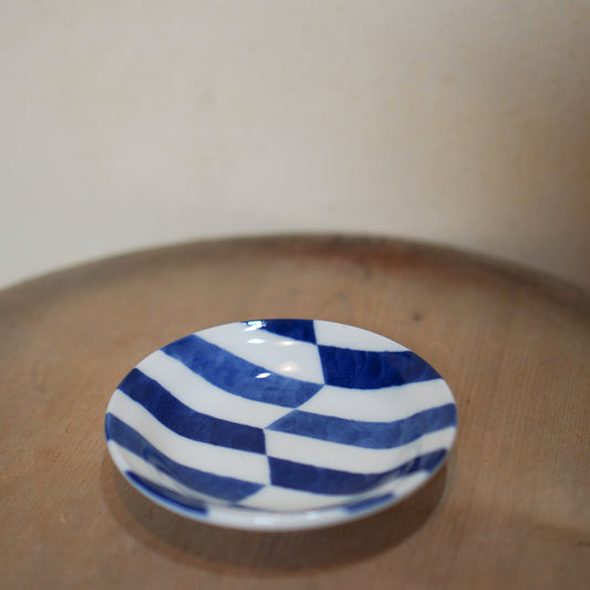 Vintage Japanese ceramic soy sauce dish - blue and white check