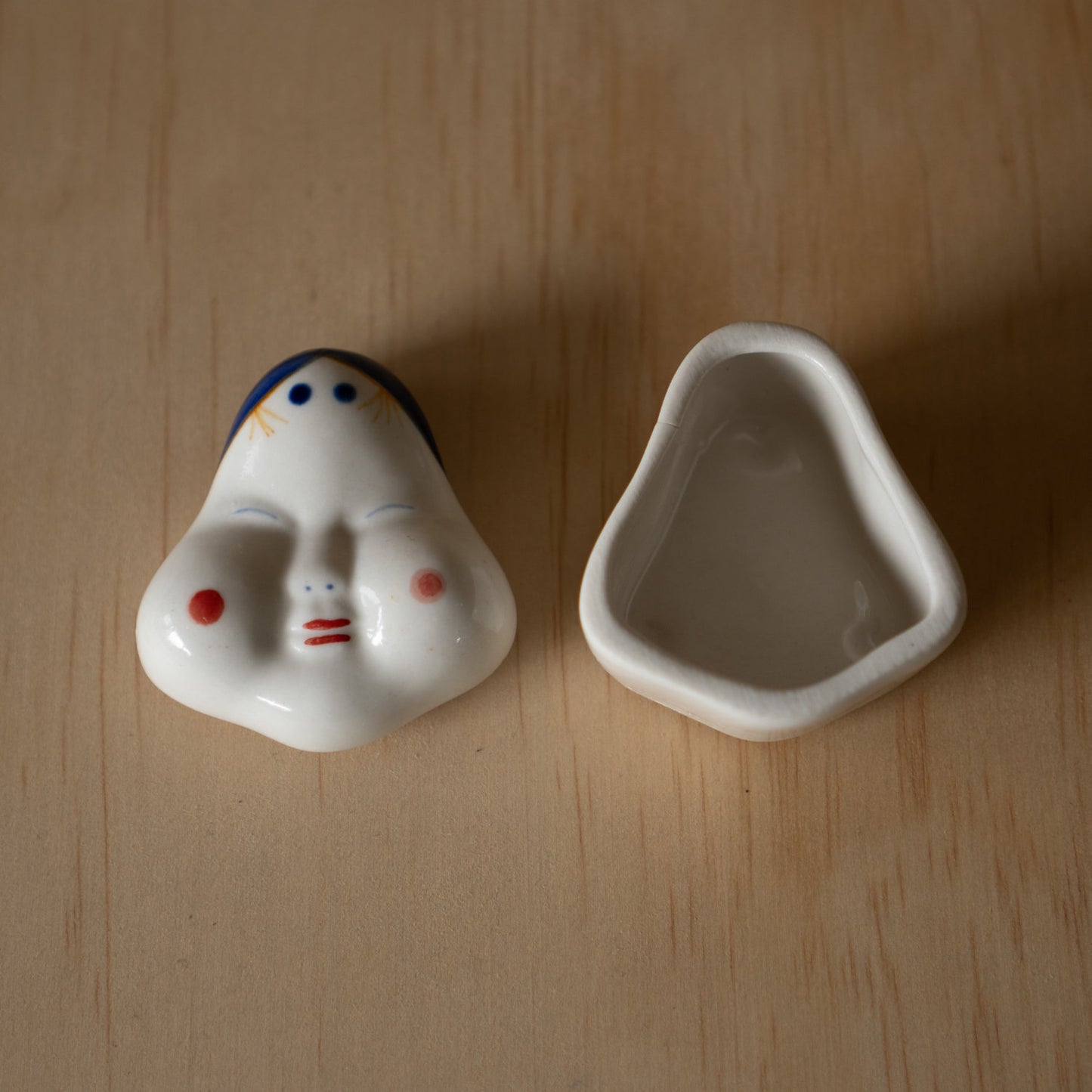 Vintage Japanese Otafuku Mask lidded ceramic kogo incense container
