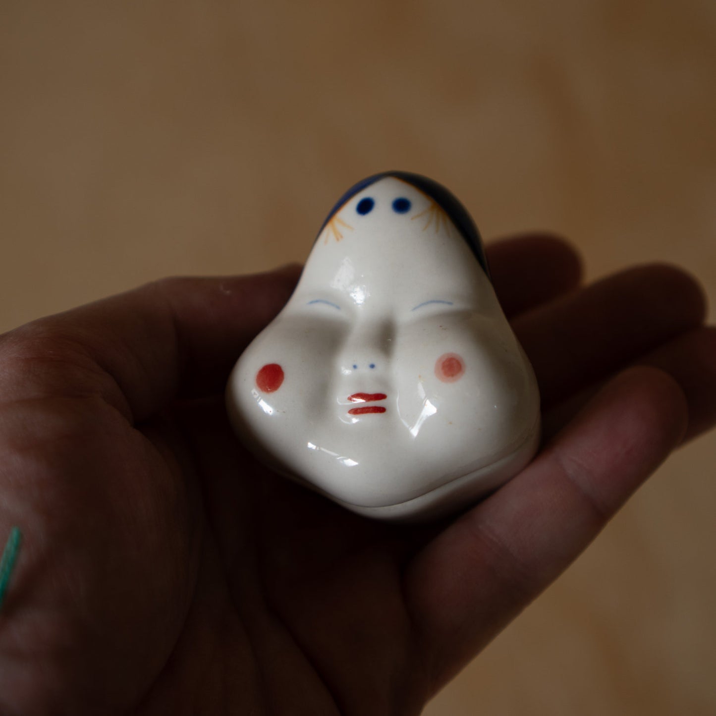 Vintage Japanese Otafuku Mask lidded ceramic kogo incense container