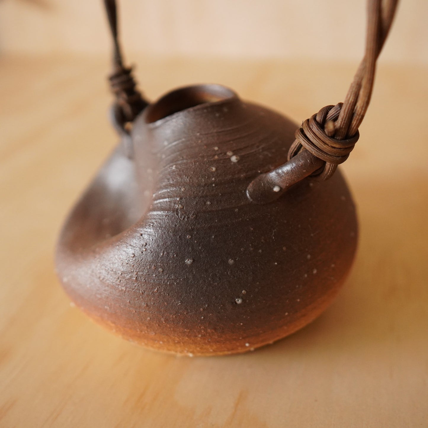 Vintage Japanese Slumped Ceramic Ikebana vase with vine handle