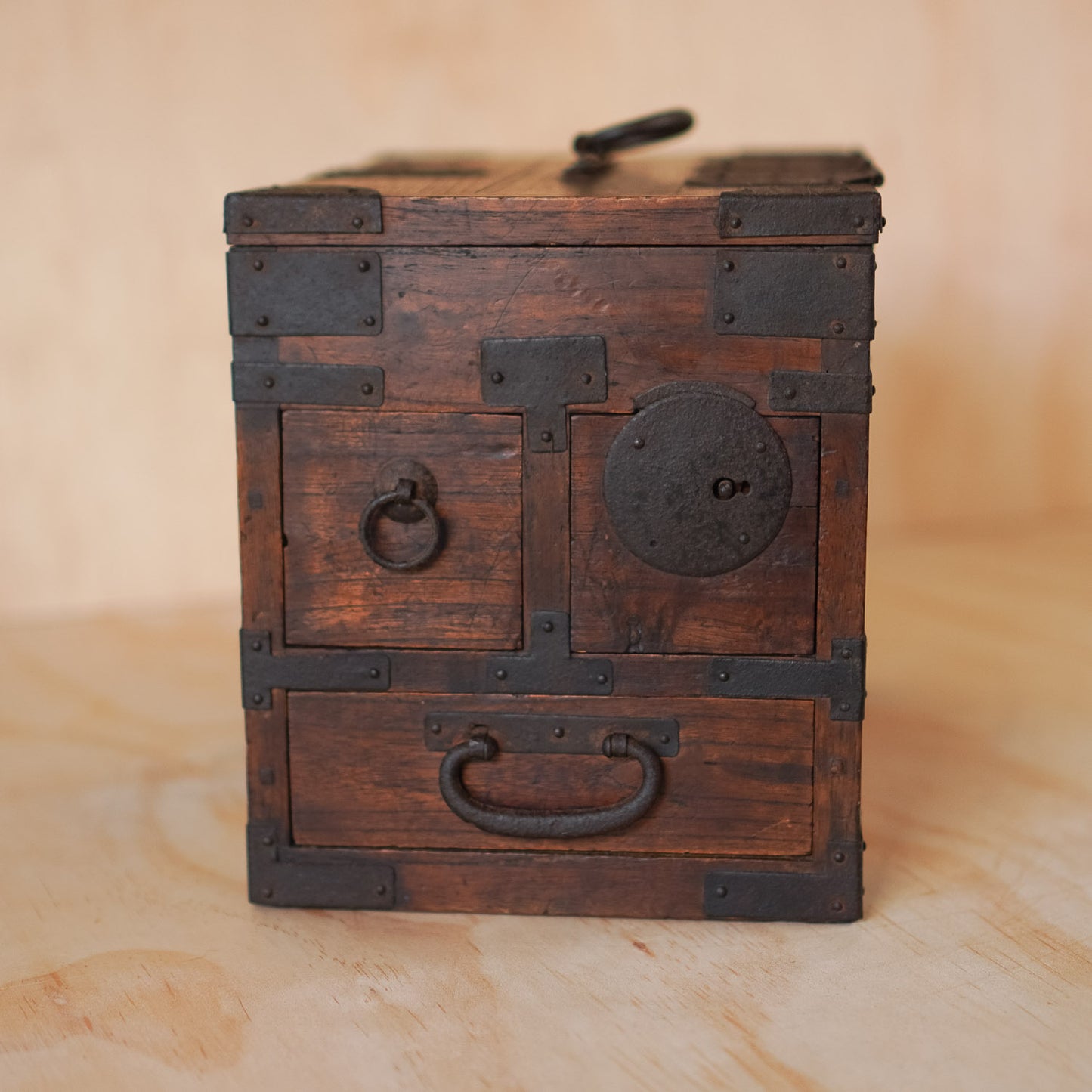 Antique Japanese 3 Drawer Suzuri Bako Sugi wood and Iron Calligraphy Box