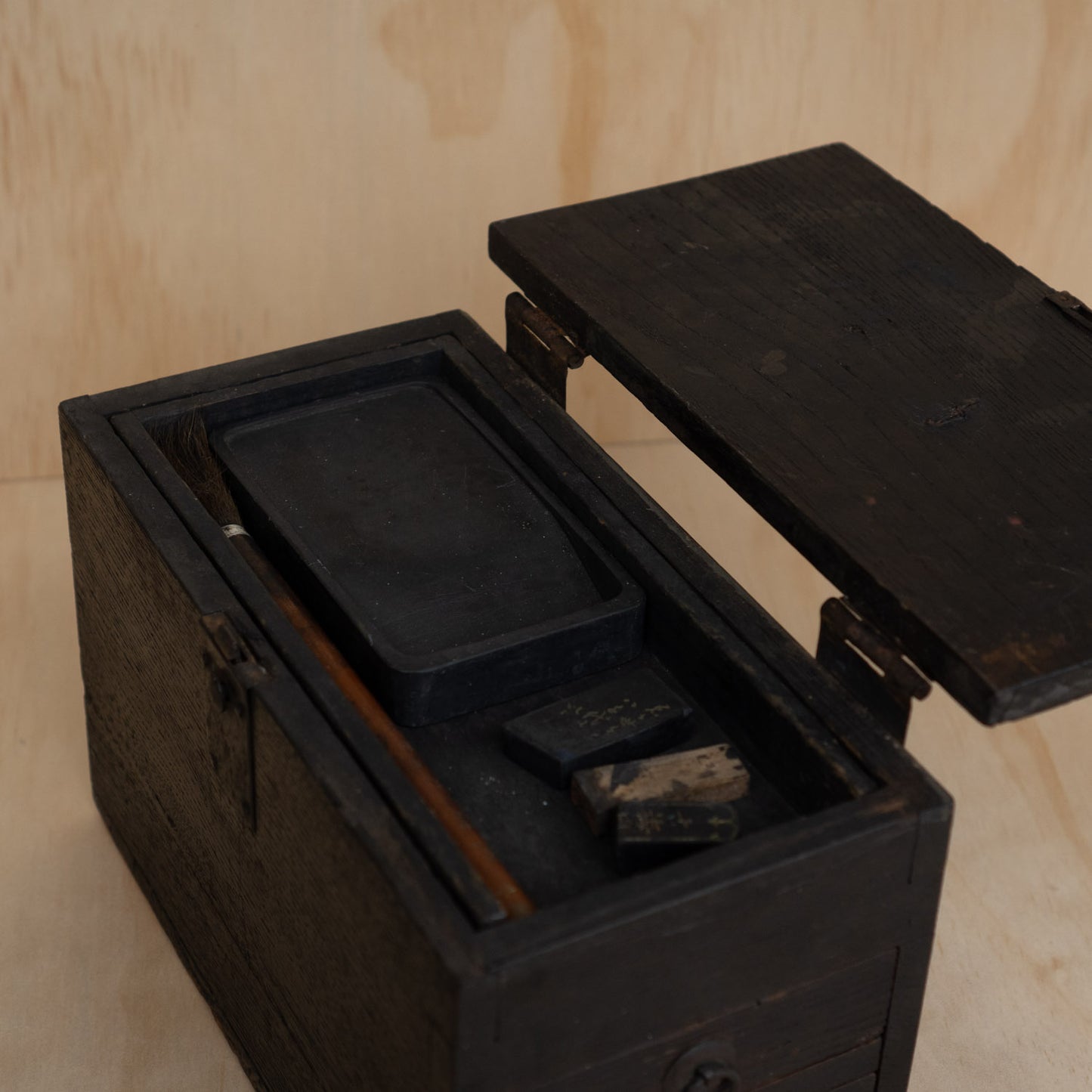 Antique 2 Drawer Japanese Black Suzuri Bako Calligraphy Box
