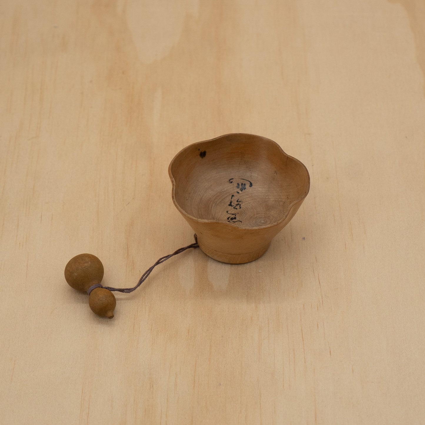 Vintage Japanese Carved wooden Sake cup with Gourd charm