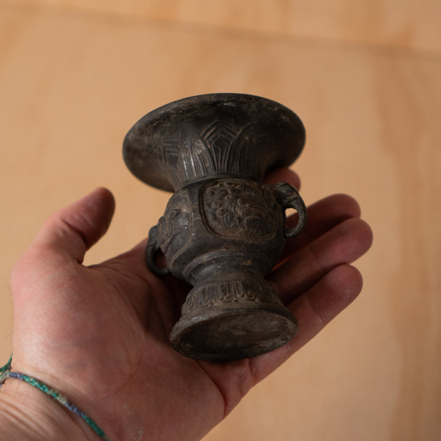 Antique Japanese Small Bronze Altar Vase with Zodiac Animal designs