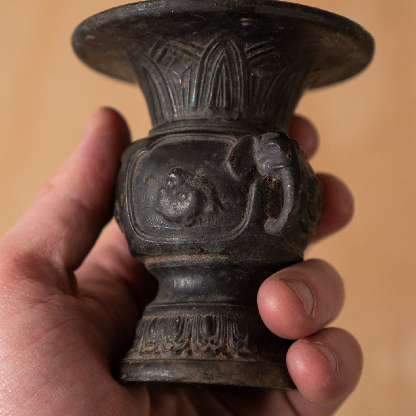 Antique Japanese Small Bronze Altar Vase with Zodiac Animal designs
