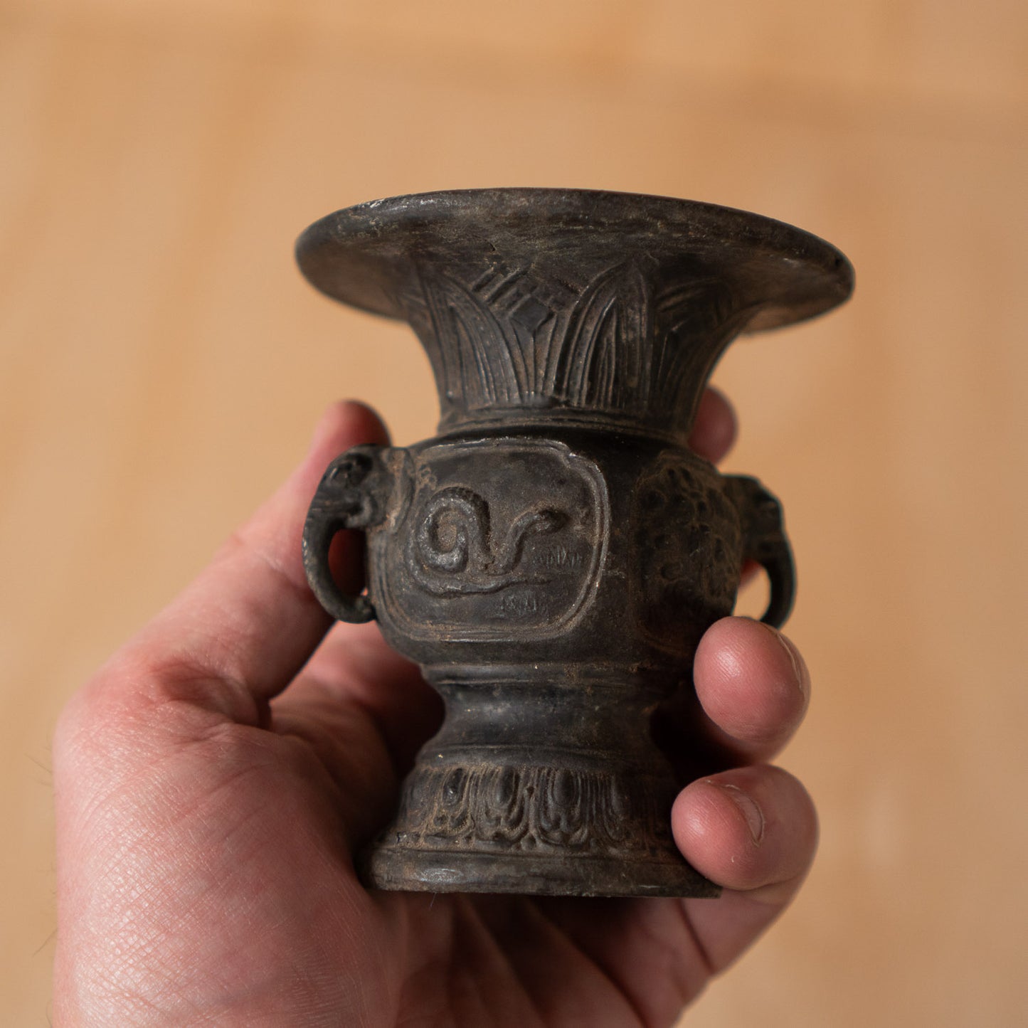 Antique Japanese Small Bronze Altar Vase with Zodiac Animal designs