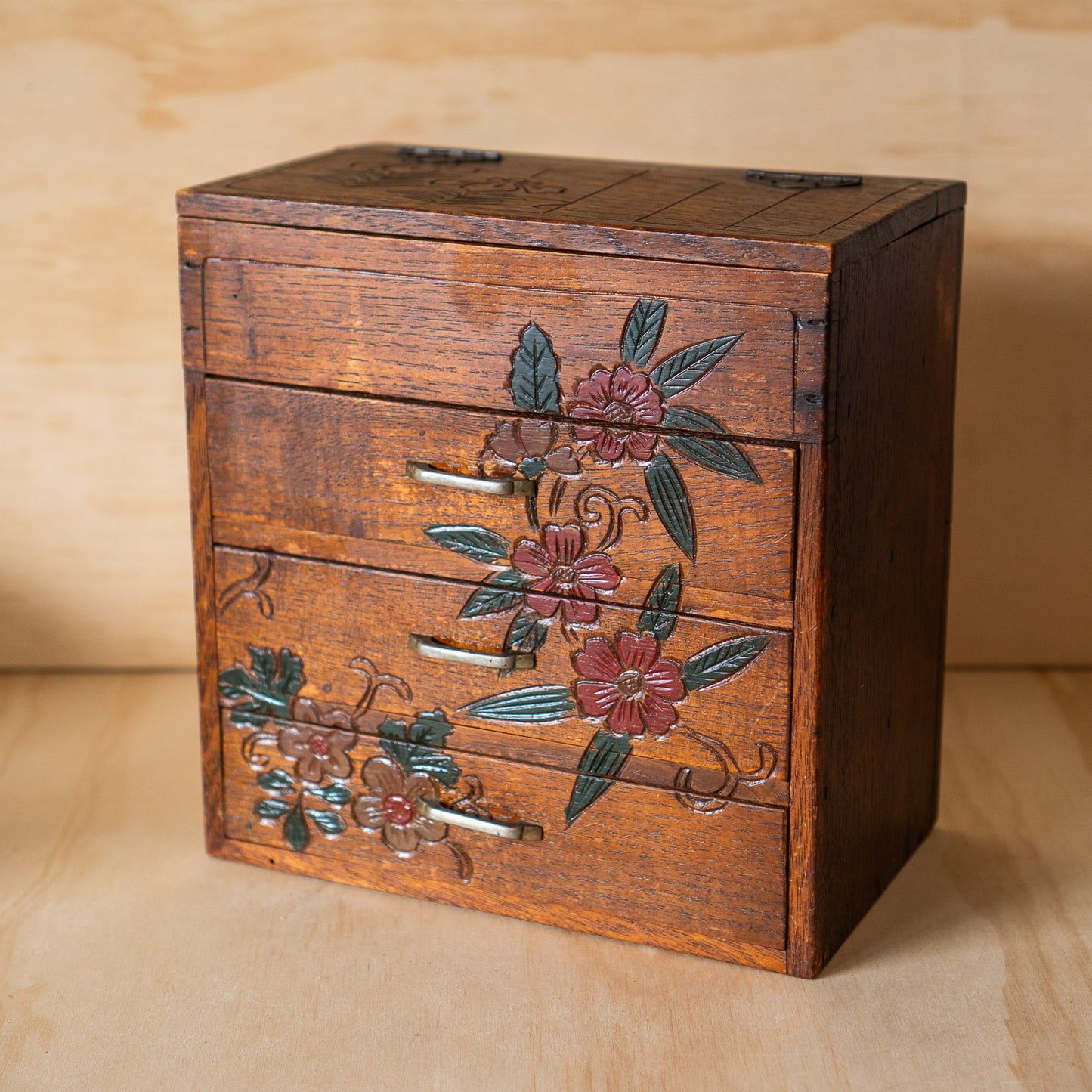 Vintage Japanese 3 Drawer small Haribako sewing box with carved detail.
