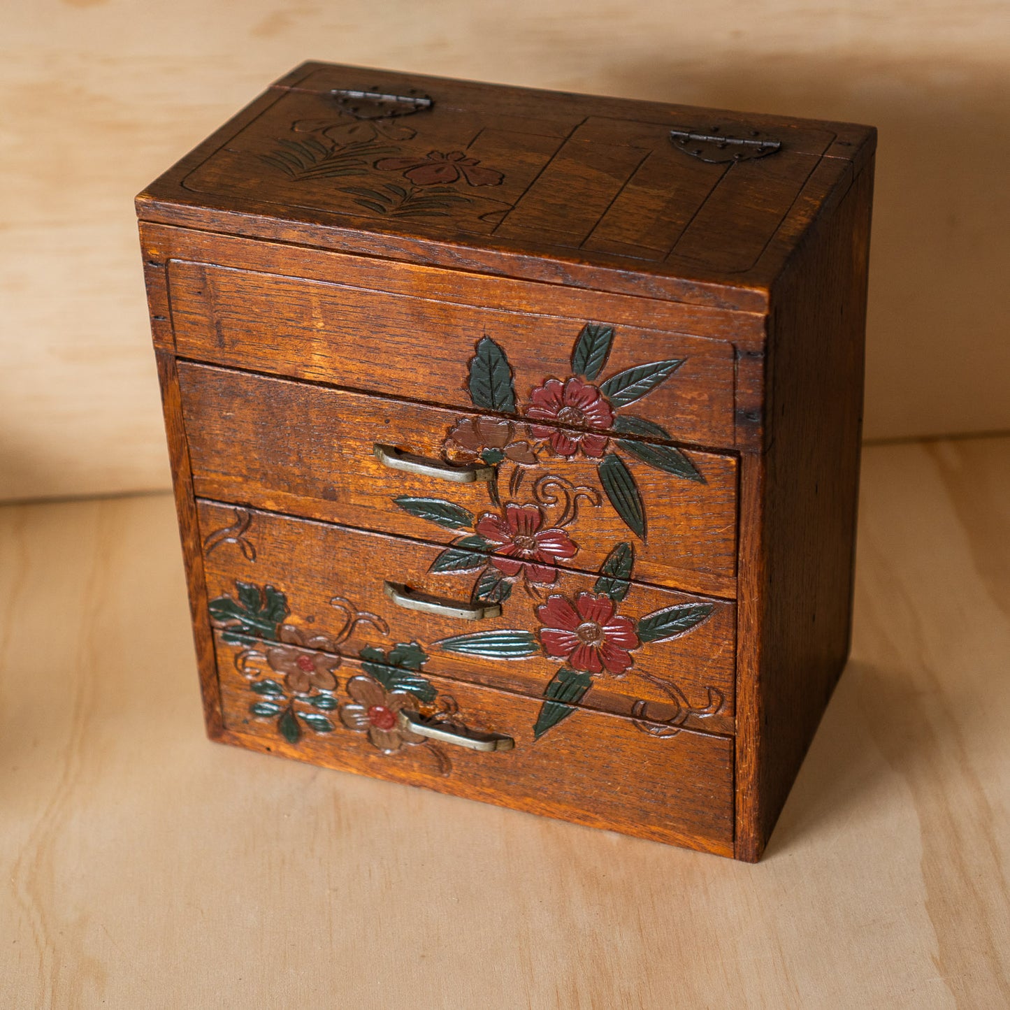 Vintage Japanese 3 Drawer small Haribako sewing box with carved detail.