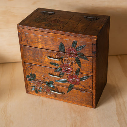 Vintage Japanese 3 Drawer small Haribako sewing box with carved detail.