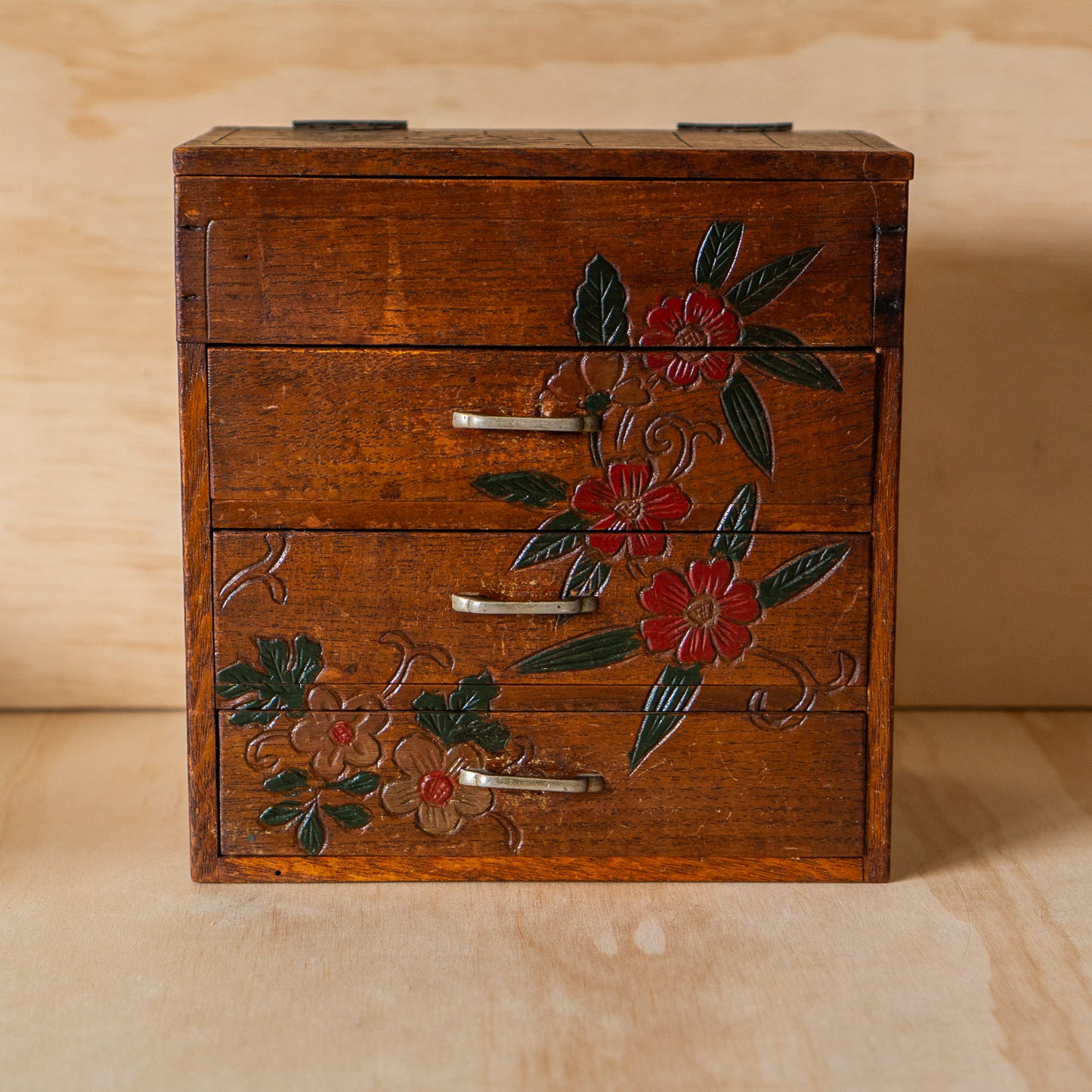 Vintage Japanese 3 Drawer small Haribako sewing box with carved detail.