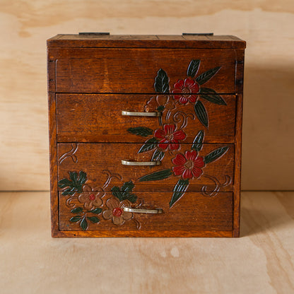 Vintage Japanese 3 Drawer small Haribako sewing box with carved detail.