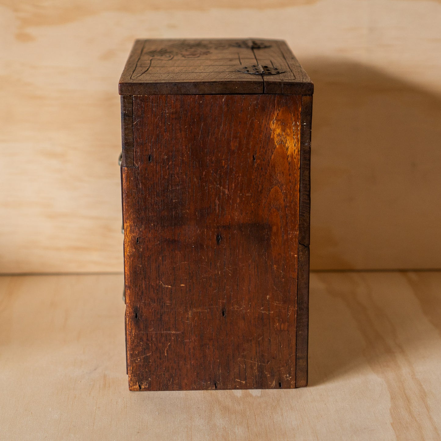 Vintage Japanese 3 Drawer small Haribako sewing box with carved detail.