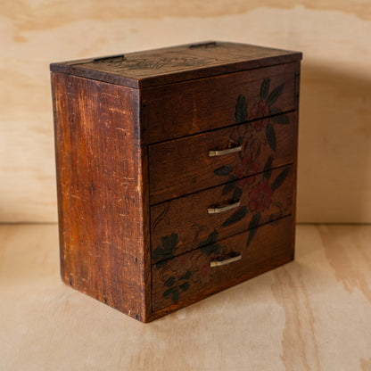 Vintage Japanese 3 Drawer small Haribako sewing box with carved detail.
