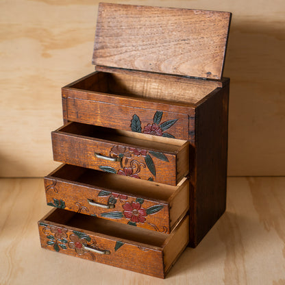 Vintage Japanese 3 Drawer small Haribako sewing box with carved detail.