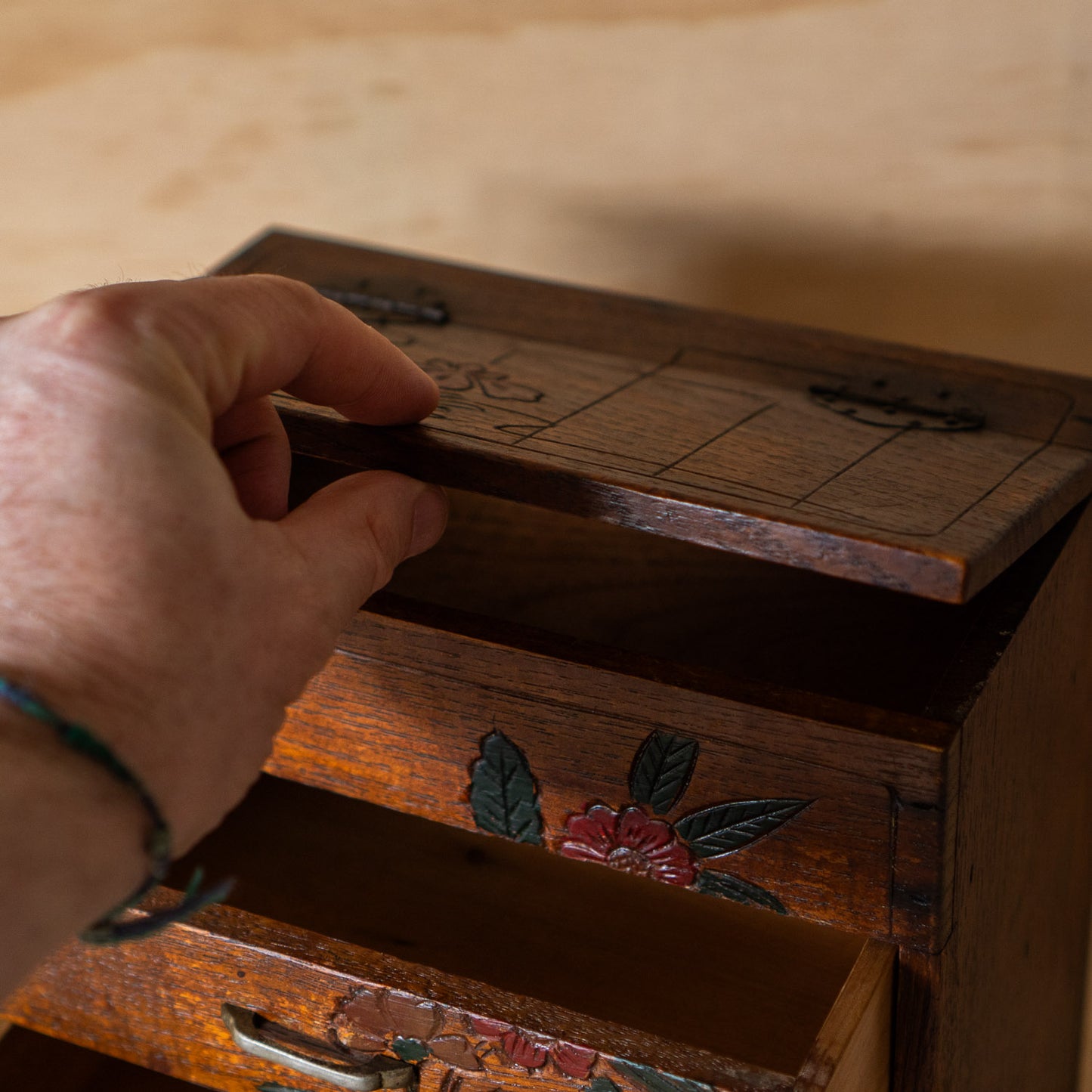 Vintage Japanese 3 Drawer small Haribako sewing box with carved detail.