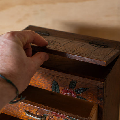 Vintage Japanese 3 Drawer small Haribako sewing box with carved detail.