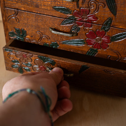 Vintage Japanese 3 Drawer small Haribako sewing box with carved detail.