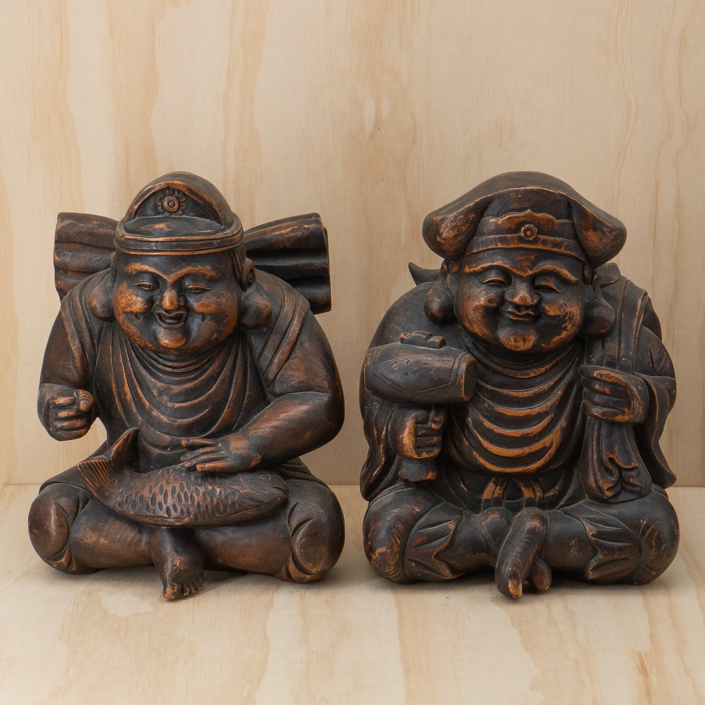 Antique Japanese Very Fine Large Carved Daikoku and Ebisu Pair