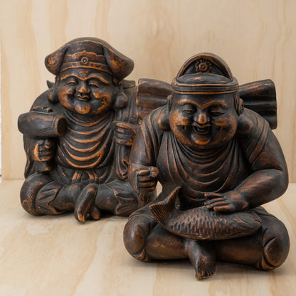 Antique Japanese Very Fine Large Carved Daikoku and Ebisu Pair