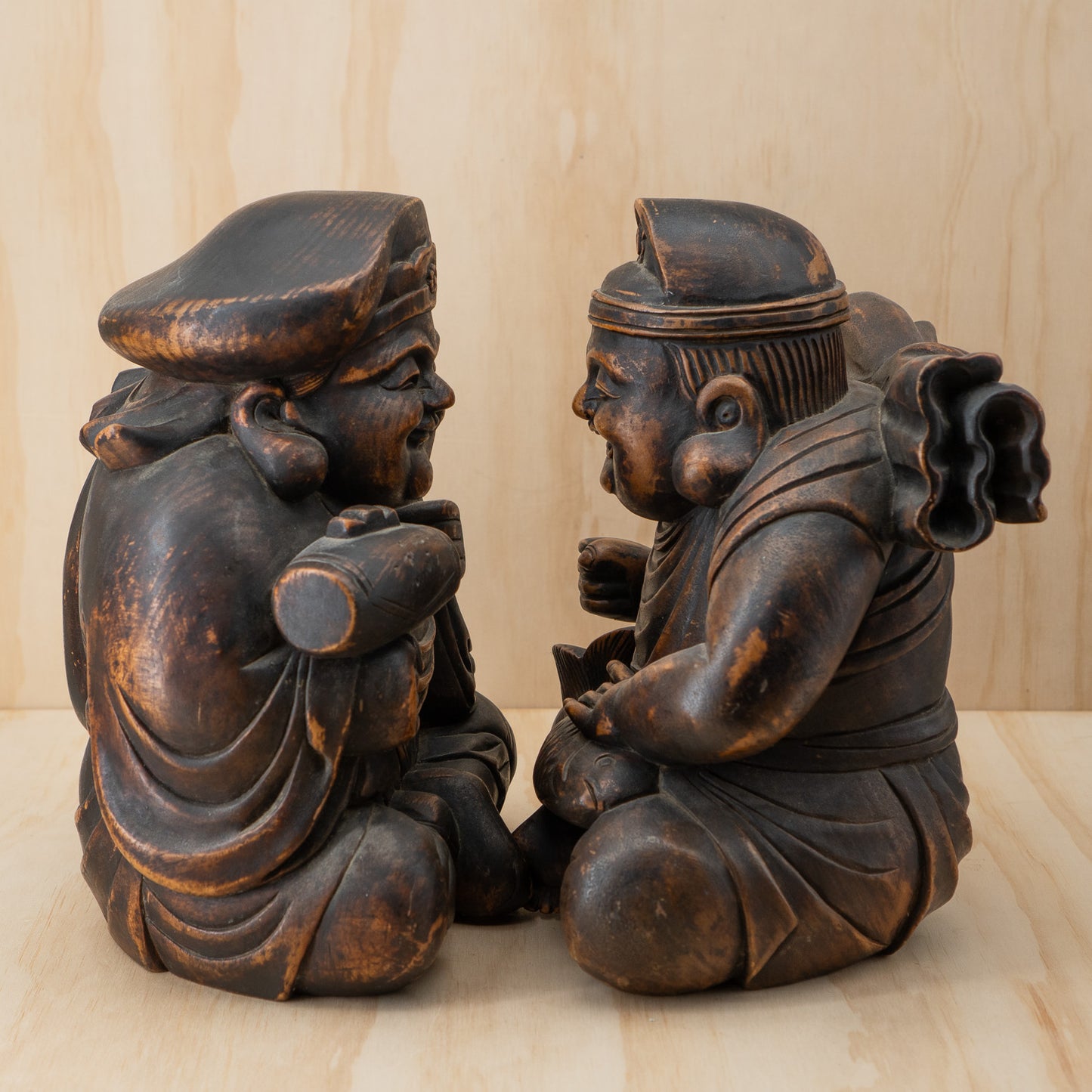Antique Japanese Very Fine Large Carved Daikoku and Ebisu Pair