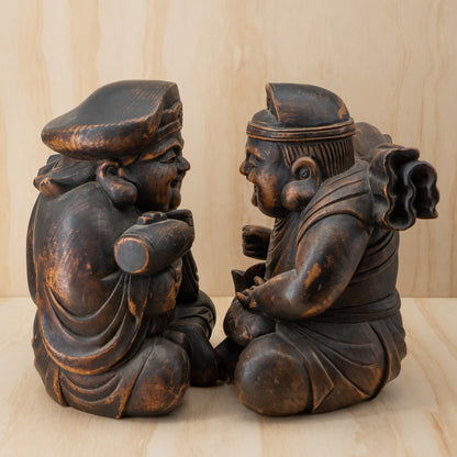 Antique Japanese Very Fine Large Carved Daikoku and Ebisu Pair