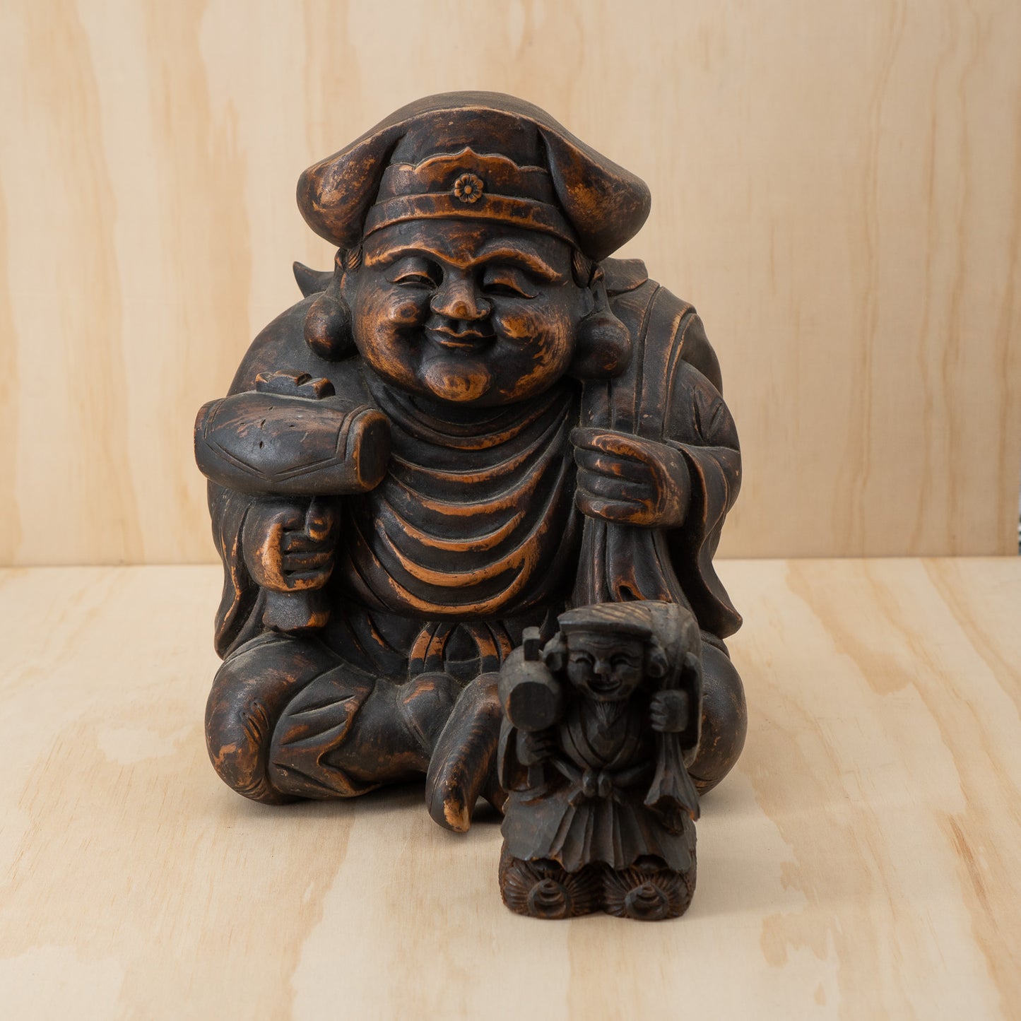 Antique Japanese Very Fine Large Carved Daikoku and Ebisu Pair