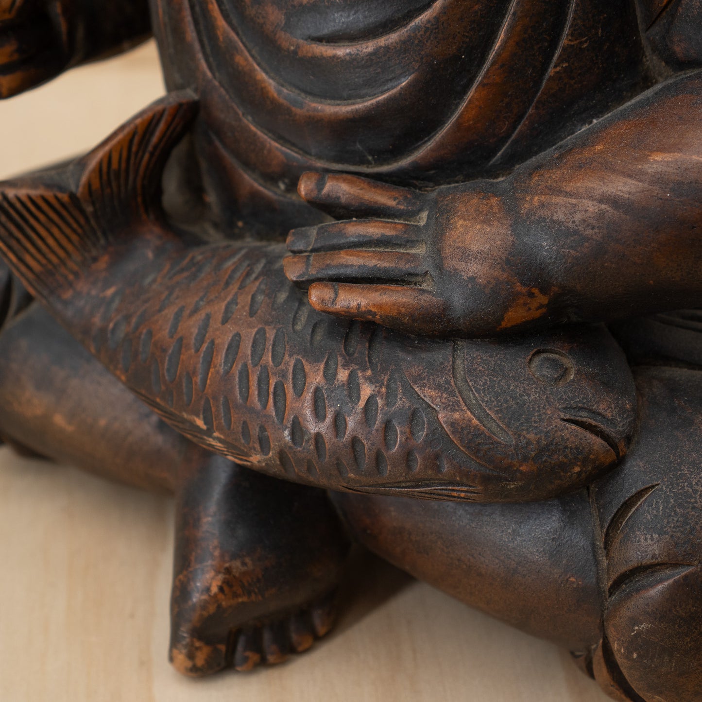 Antique Japanese Very Fine Large Carved Daikoku and Ebisu Pair