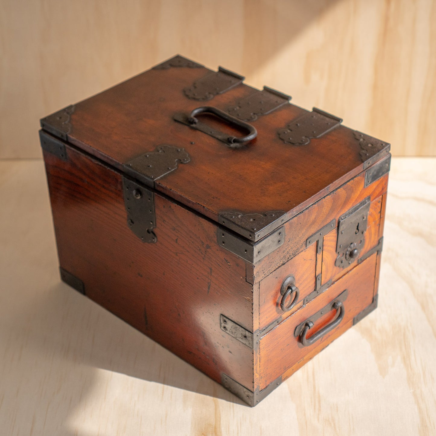 Antique Meiji Period Japanese Elm Suzuri Bako Calligraphy Box