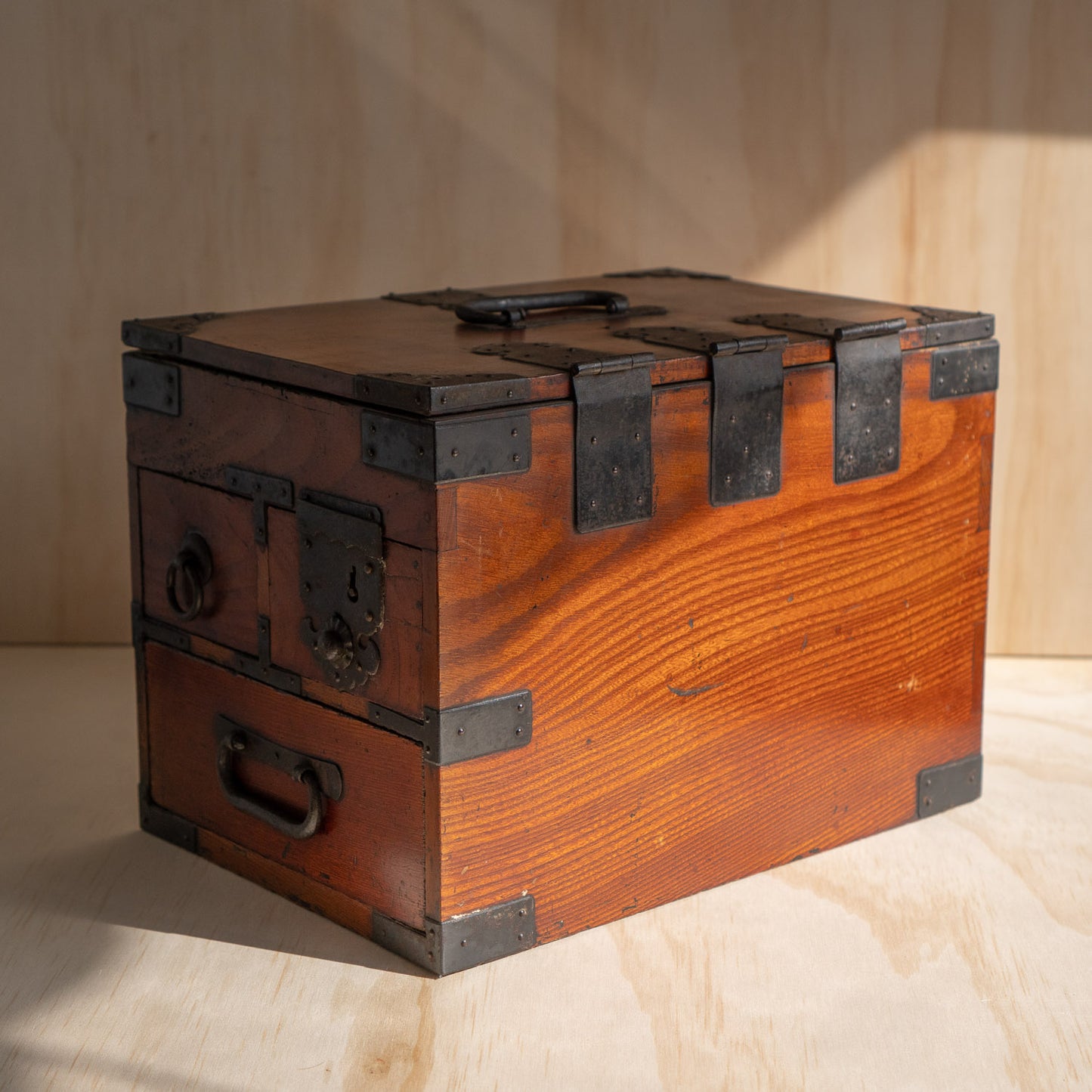 Antique Meiji Period Japanese Elm Suzuri Bako Calligraphy Box