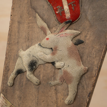 Antique Japanese Hagoita paddle with Sumo wrestling rabbits