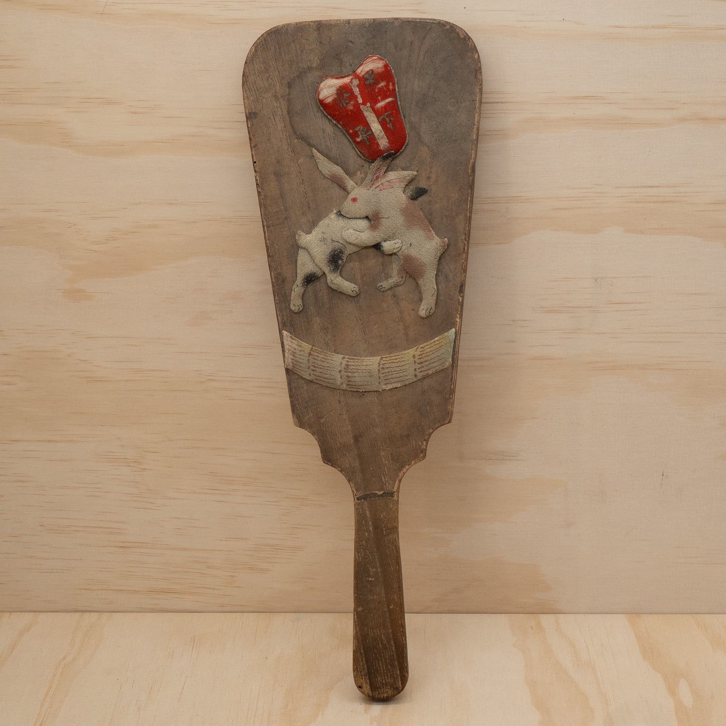 Antique Japanese Hagoita paddle with Sumo wrestling rabbits