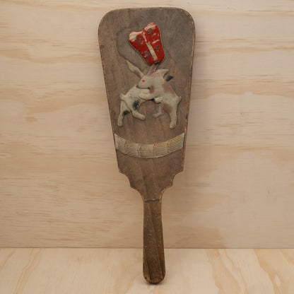 Antique Japanese Hagoita paddle with Sumo wrestling rabbits