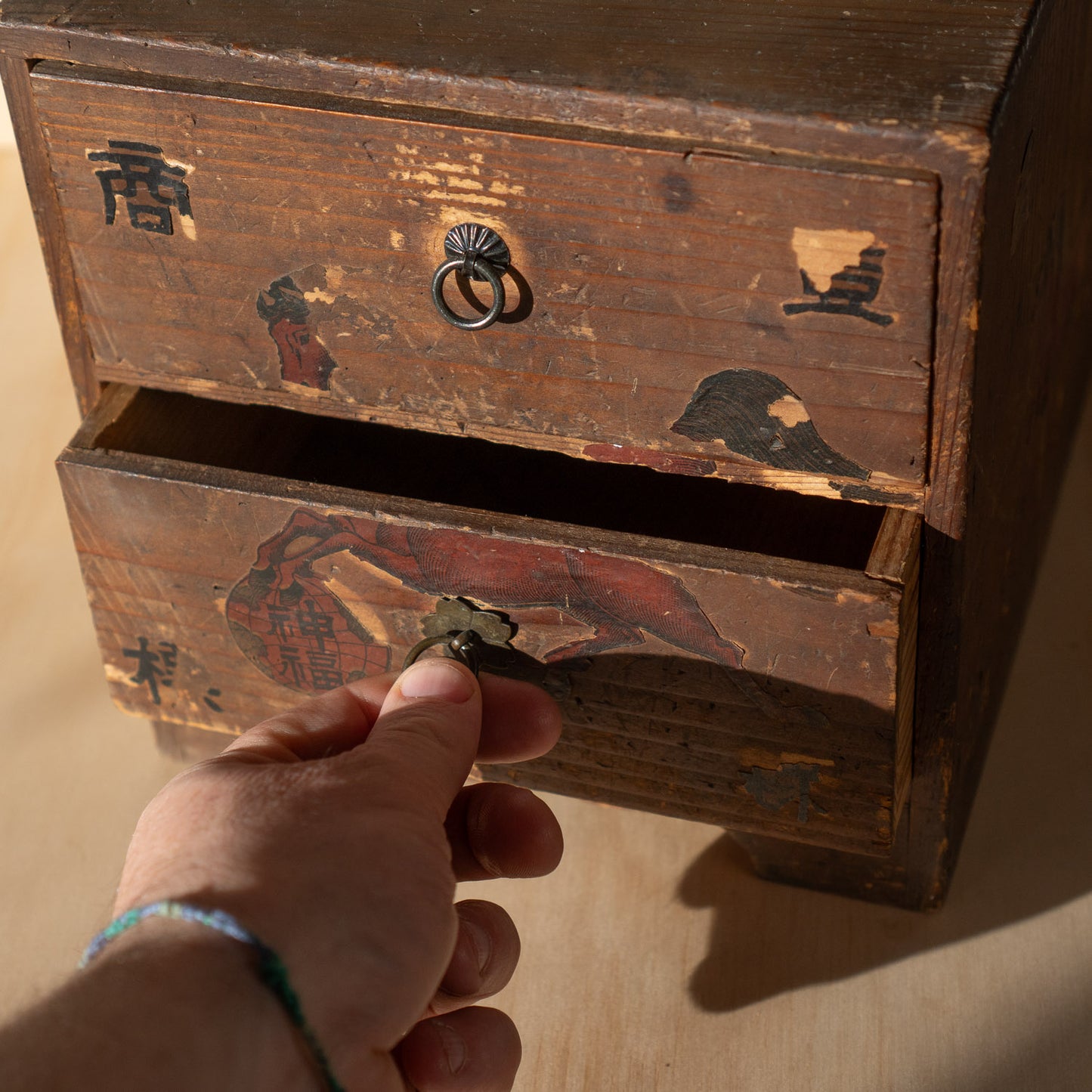 Antique Japanese Two Drawer Medicine box with old Labels